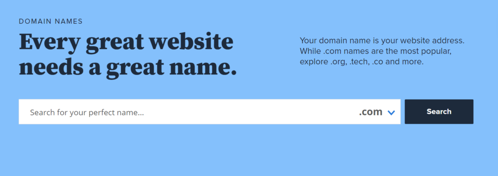 Bluehost’s domain name search bar with the form placeholder “Search for your perfect name…”