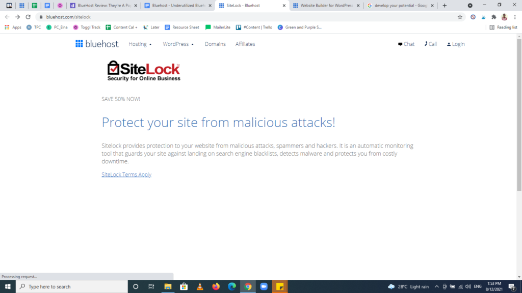 Screenshot of the Bluehost security feature — SiteLock