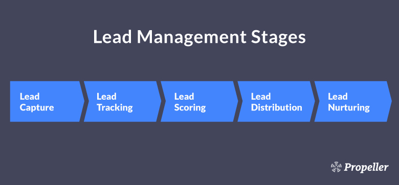 Stages in sales lead management — lead generation, lead tracking, lead scoring, lead distribution, and lead nurturing